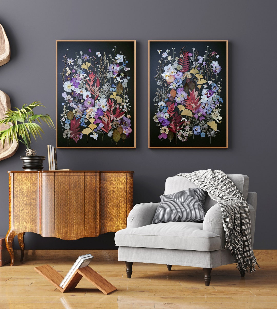 Black Botanical Print Set Pressed Flowers Art Dark Floral - Etsy