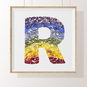 Obra de arte original de flores prensadas Letra R, Arte de flores secas, Diseño de carta de captura, Arte de plantas