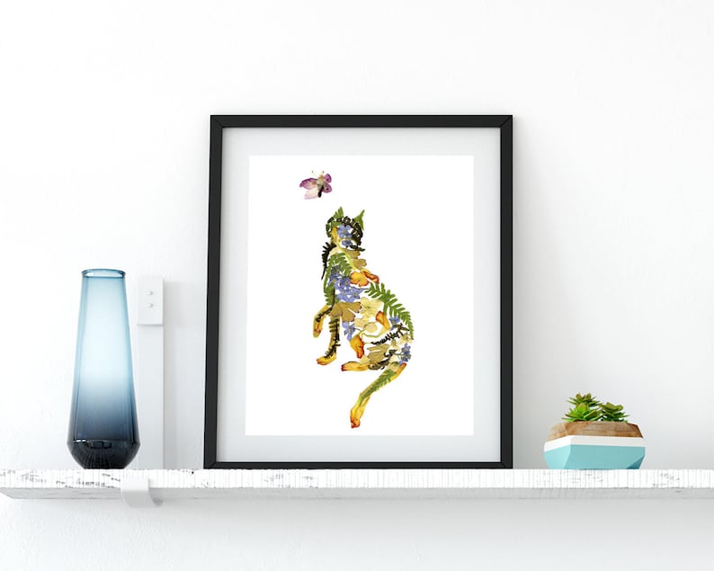 Floral cat print Pressed flowers cat and butterfly picture Cat lover gift Dried flower art print Nursery decor Animal print Cat wall art 
