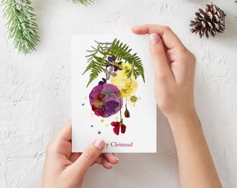 Christmas card Christmas Print Floral holiday card Christmas gift Pressed flower card Greeting card Holiday card Artists trading cards plant