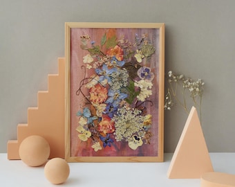 Real pressed flower artwork, floral picture, dried flowers art, nature wall art decor, flower painting, herbarium artwork
