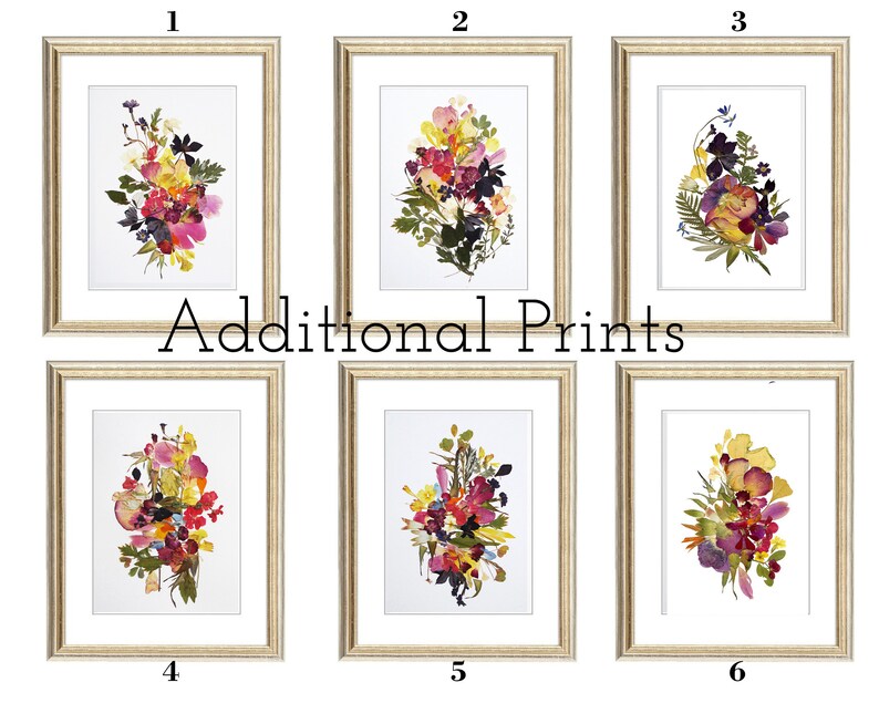 Six framed floral prints with a white background and gold frames. The prints feature pressed flowers in various shades of pink, yellow, and purple.
