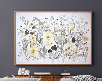 Grande opera d'arte con fiori pressati, veri elementi botanici essiccati, grande erbario, decorazione murale senza cornice, fiori bianchi