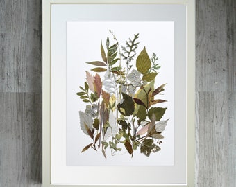 Botanical artwork print, pressed leaves print, Green herbarium, Pressed flower print, natural home decor, plant art print, flowers art decor