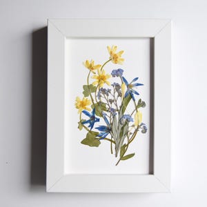 Pressed flower gift Framed small pressed flowers artwork White framed pressed botanicals Blue flowers art Wall decor gift flowers