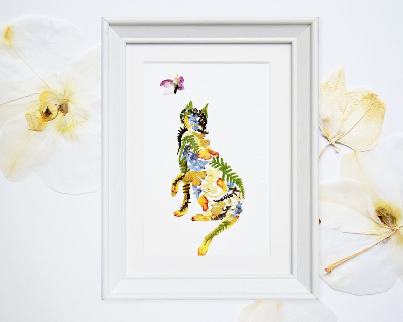 Floral cat print Pressed flowers cat and butterfly picture Cat lover gift Dried flower art print Nursery decor Animal print Cat wall art image 2