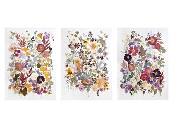 May include: Three framed prints featuring pressed flowers and leaves in shades of purple, pink, yellow, and green. The flowers are arranged in a random pattern, creating a unique and natural design.