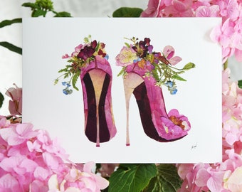 Estampado de flores prensadas de Louboutin: Ilustración de moda, arte floral para zapatos