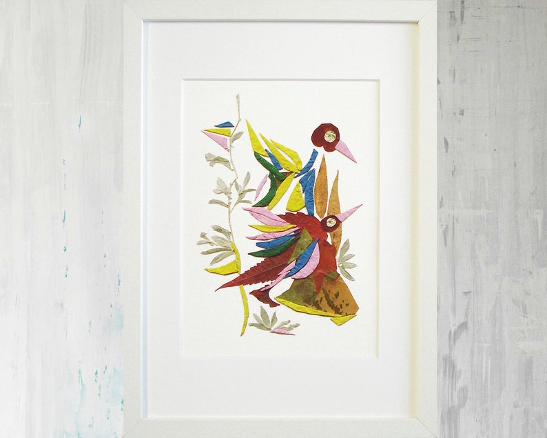 Framed print Birds pressed flower print Botanical print Pressed flower picture Dry flower art wall art framed dried plant art Bird botanical image 1