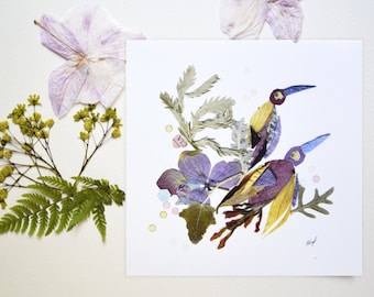 Nursery pressed flowers prints, Funny birds print set of 6, Whimsical Animal Art