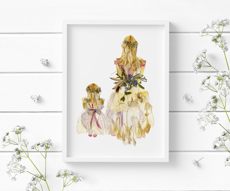 Flower girls print, Pressed flower art, Nursery wall decor, Room decor for teen girls, Floral nursery, dried flowers print white dress