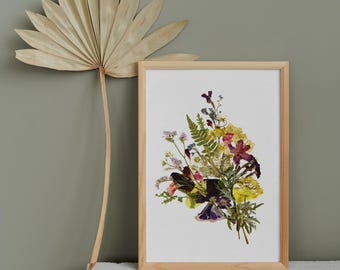 Herbarium art print, floral wall decor, dried flowers print 8x10 inches, pressed leaves collage