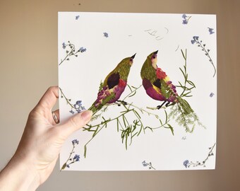 Birds and Pressed Flowers Print, Botanical Wall Art, 9x9 In, Dried Flower Art, Nature Decor