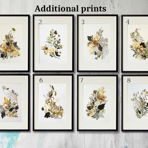 May include: Eight framed prints of pressed flowers and leaves in various shades of yellow, brown, and green. The prints are numbered 1 through 8.
