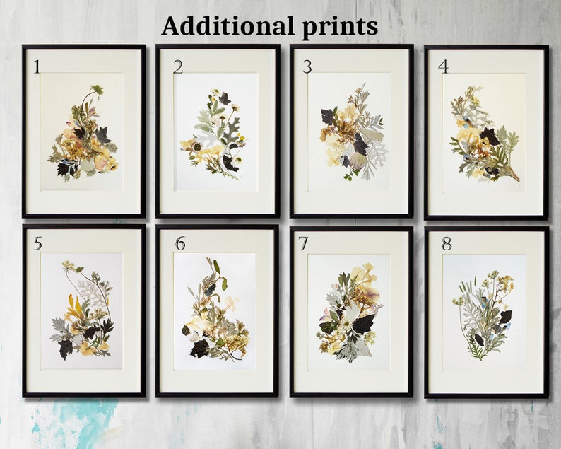 May include: Eight framed prints of pressed flowers and leaves in various shades of yellow, brown, and green. The prints are numbered 1 through 8.