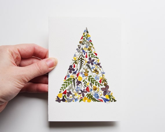 押し花クリスマスツリーカード：花のホリデーグリーティング - Etsy 日本
