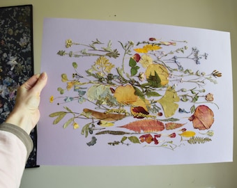 Pressed Flower Art on Violet, Botanical Wall Decor, Dried Flowers Artwork, Original Floral Art, Herbarium