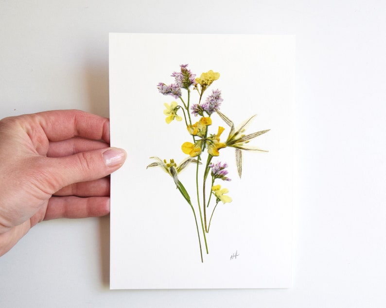 Puede incluir: Una impresi&oacute;n de arte de flores prensadas con un ramo de flores silvestres amarillas y moradas sobre un fondo blanco. La impresi&oacute;n est&aacute; firmada "M.H."