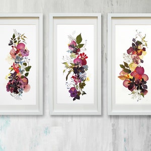 Set di 3 stampe di fiori, arte vegetale, set di stampe botaniche, stampe floreali da parete, set da 3 pezzi, stampe di fiori selvatici da parete, decorazioni floreali.