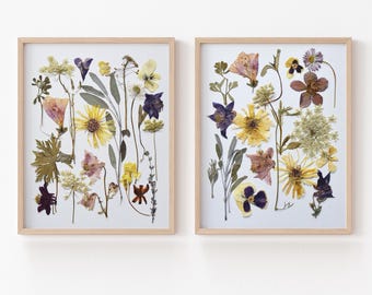 Flower art original Pressed flower set of 2 artworks Real flower petal art Set of 2 dried flowers pictures Yellow blooms Pressed art wall