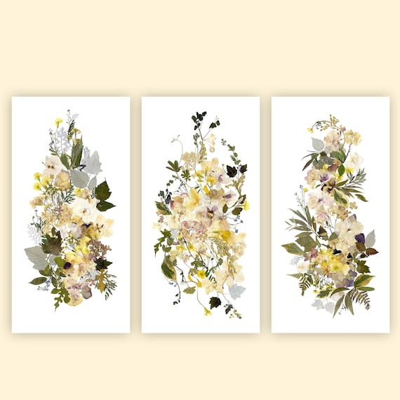 Pressed Flower Art Print Set: Vertical Floral Artwork on Fine Art Paper