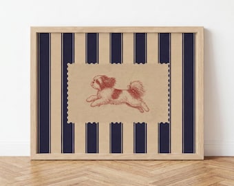 Lámina artística de Shih Tzu, rayas azul marino, arte de pared de perro de inspiración vintage, regalo para mamás de Shih Tzu
