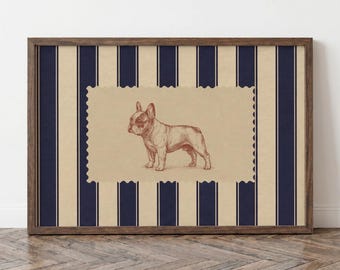 Lámina artística de bulldog francés, rayas azul marino, decoración de pared con motivos caninos de inspiración vintage.