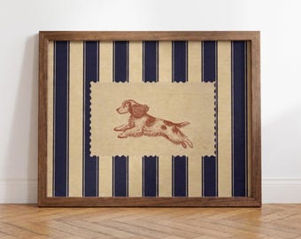 Lámina artística de Cocker Spaniel, rayas azul marino, decoración de pared con motivos caninos de inspiración vintage.