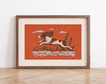 Lámina artística de caza de Springer Spaniel, arte mural vintage de perros de caza, grabado retro en linóleo de pantano, decoración de cabaña, regalo de caza para hombres