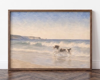 Lámina de Springer Spaniel en la playa, arte mural costero vintage, perro corriendo entre las olas, estilo de pintura de paisaje marino en tonos suaves, regalo para dueños de Spaniel