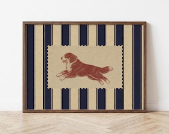 Lámina artística de perro de montaña bernés, rayas azul marino, decoración de pared de perros de inspiración vintage.