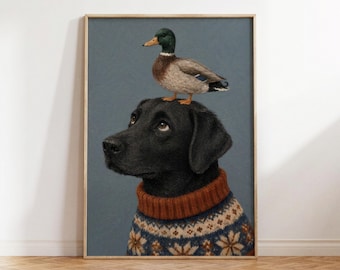 Arte de Labrador Negro, Estampado de Labrador con Suéter de Punto, Retrato Folclórico Fantástico, Regalo para Amantes de las Aves, Arte de Pared Cottagecore