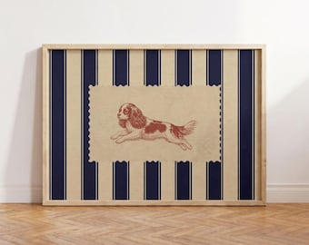 Lámina artística de Cavalier King Charles Spaniel, rayas azul marino, decoración de pared con motivos caninos de inspiración vintage.