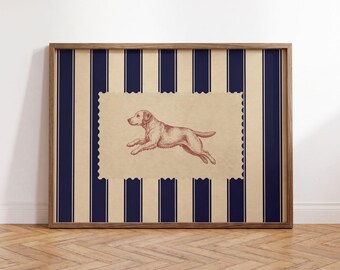 Lámina artística de Labrador, rayas azul marino, arte de pared de perro de inspiración vintage, regalo para Labrador Retriever amarillo