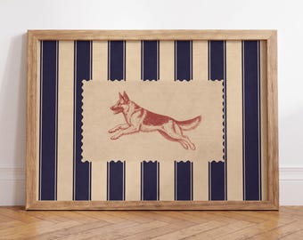 Lámina artística de pastor alemán, rayas azul marino, arte de pared de perros de inspiración vintage, regalo para amantes del pastor alemán