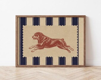 Lámina artística de Rottweiler, rayas azul marino, arte de pared de perro de inspiración vintage