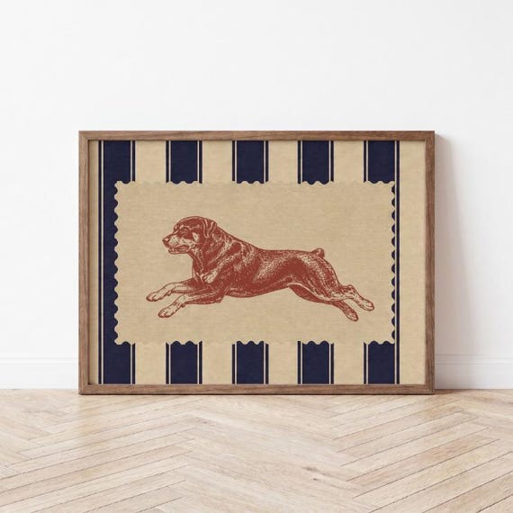 Rottweiler Art Print, Navy Ticking Stripes, Vintage-Inspired Dog Wall Art