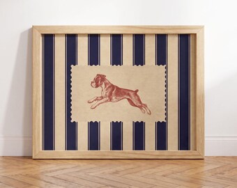 Lámina artística de perro bóxer, rayas azul marino, arte de pared de perro de inspiración vintage, regalo para mamás de bóxer