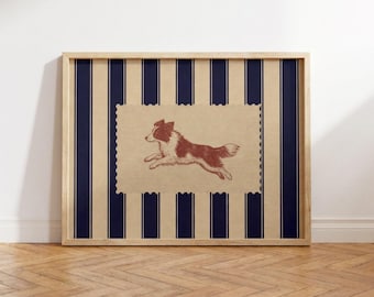 Lámina artística de Border Collie, rayas azul marino, arte de pared de perro pastor de inspiración vintage, regalo para amantes de los perros