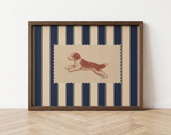 Lámina artística de Bernedoodle, rayas azul marino, decoración de pared con diseño de perro de inspiración vintage.