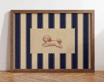 Lámina artística de Havanés, arte mural vintage de perros, lámina de Havanés a rayas azul marino, decoración de perros estilo rústico y costero, regalo para mamás de Havanés