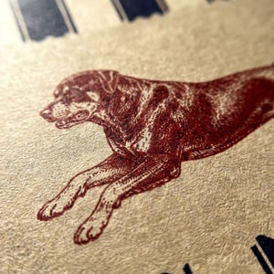 Puede incluir: Una superficie de papel beige texturizado con una ilustraci&oacute;n en tinta roja oscura de un perro Rottweiler en posici&oacute;n de carrera. El perro se muestra de perfil con l&iacute;neas de sombreado detalladas. Se ven rayas verticales azul oscuro arriba.