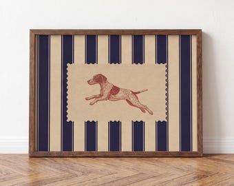 Lámina artística de Braco Alemán de Pelo Corto, rayas azul marino, arte de pared de perro de inspiración vintage, regalo para amantes de los perros de caza GSP