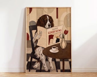 Lámina artística de Springer Spaniel leyendo el periódico, lámina decorativa de café con buenas noticias, decoración de cocina art déco, lámina neutra para rincón de desayuno, regalo para perros