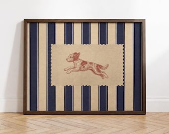 Lámina artística de Aussiedoodle, rayas azul marino, decoración de pared con diseño de perro de inspiración vintage.