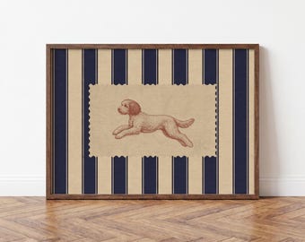 Lámina artística de Goldendoodle, rayas azul marino, decoración de pared con diseño de perro de inspiración vintage.