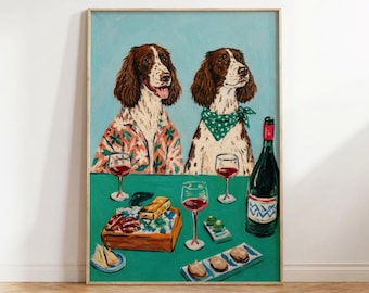 Lámina artística de Springer Spaniel con vino y queso, pintura de perros cenando, arte de pared colorido para el comedor, decoración de cocina con charcutería, regalo para perros