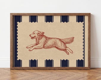 Lámina artística de Golden Retriever, rayas azul marino, decoración de pared con motivos caninos de inspiración vintage.