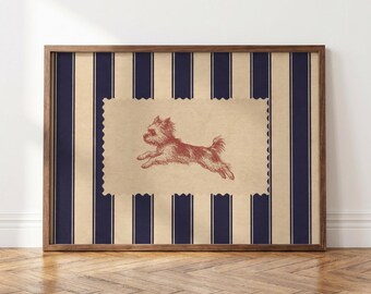 Lámina artística de Yorkshire Terrier, rayas azul marino, arte de pared de perros de inspiración vintage, regalo para amantes de los Yorkies.