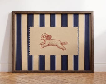 Lámina artística de Cavapoo, rayas azul marino, decoración de pared con diseño de perro de inspiración vintage.
